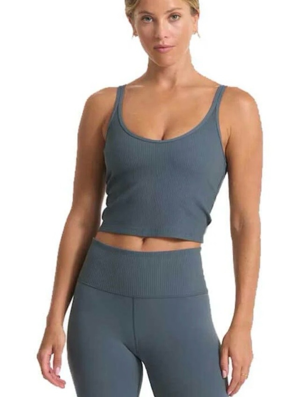 Vuori Ribbed Scoop Crop Tank in Slate Blue (stock pic) size S XS with stretch